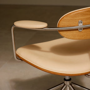 Office chair with wooden backrest and beige leather seat 
