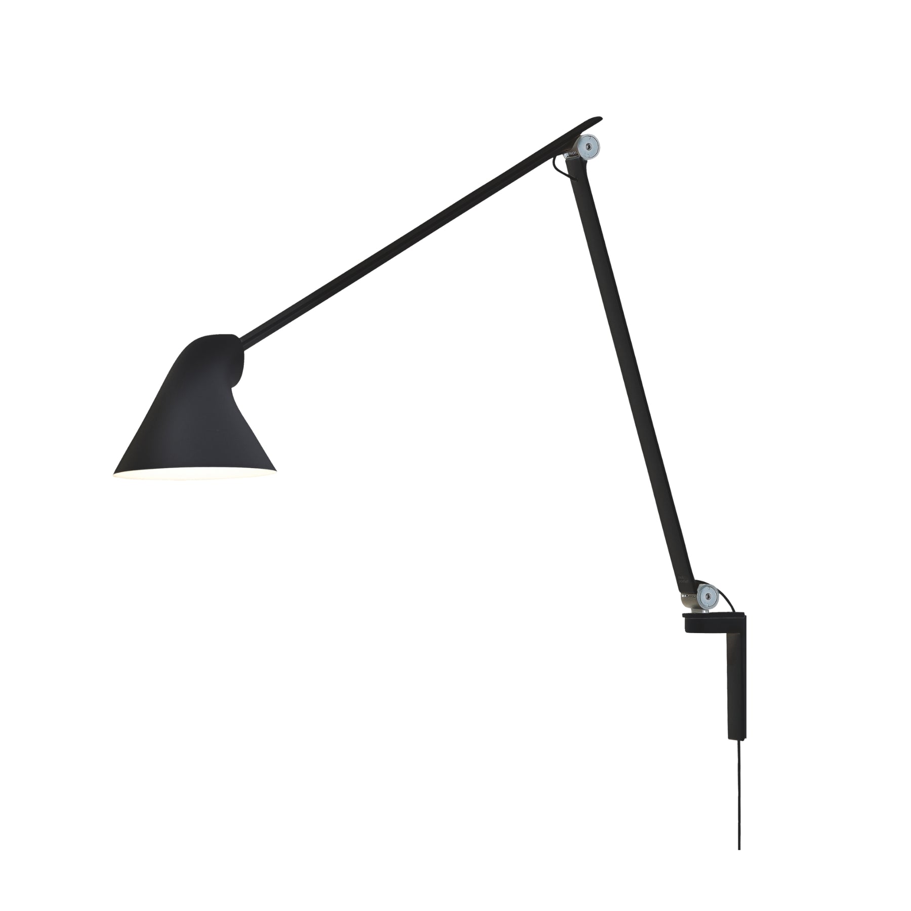 NJP wall lamp with long arm and black hardwired mount by Louis Poulsen, modern wall light with adjustable arm and clean, industrial design