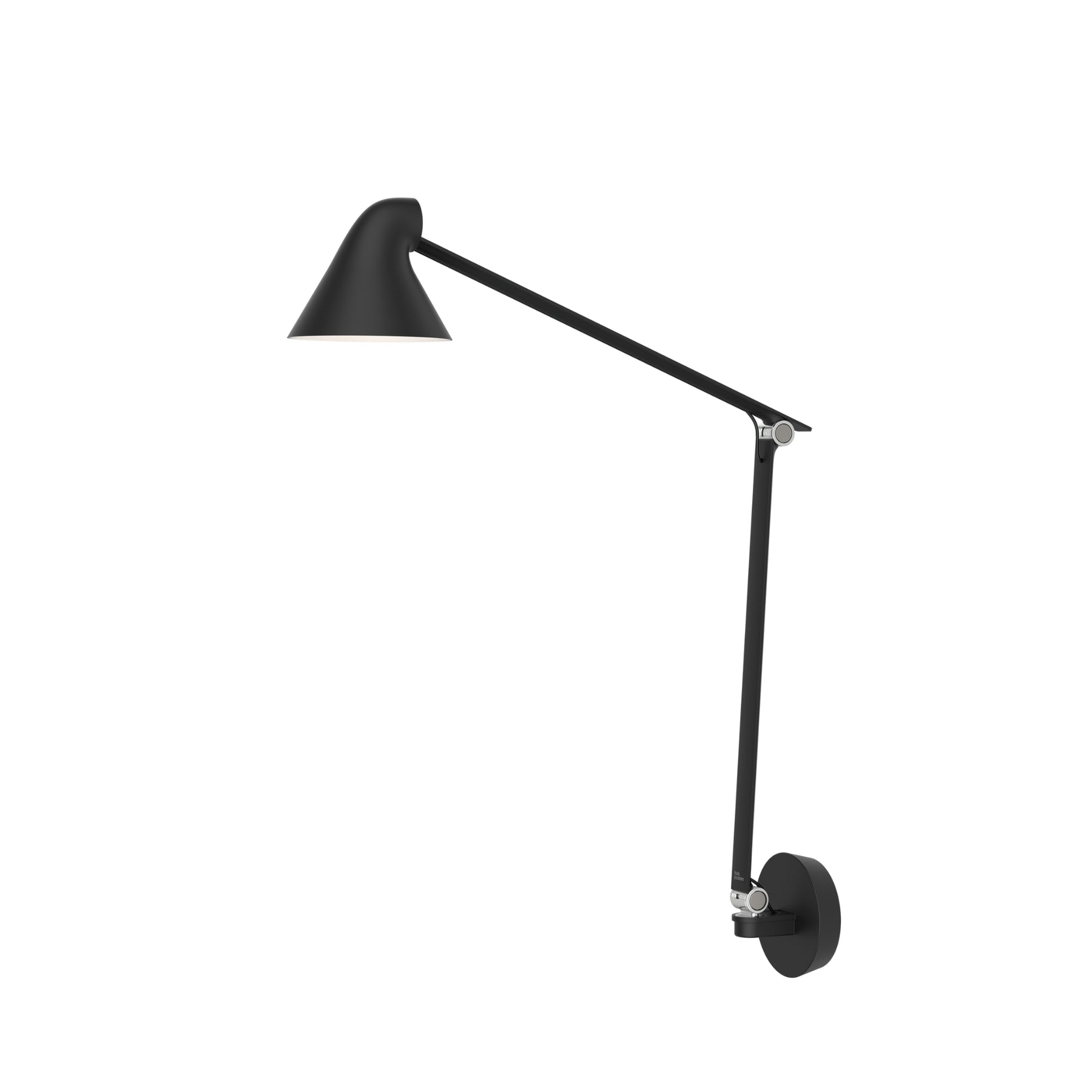 NJP wall lamp with long arm and black wall plate by Louis Poulsen, modern adjustable wall light with sleek design and versatile functionality