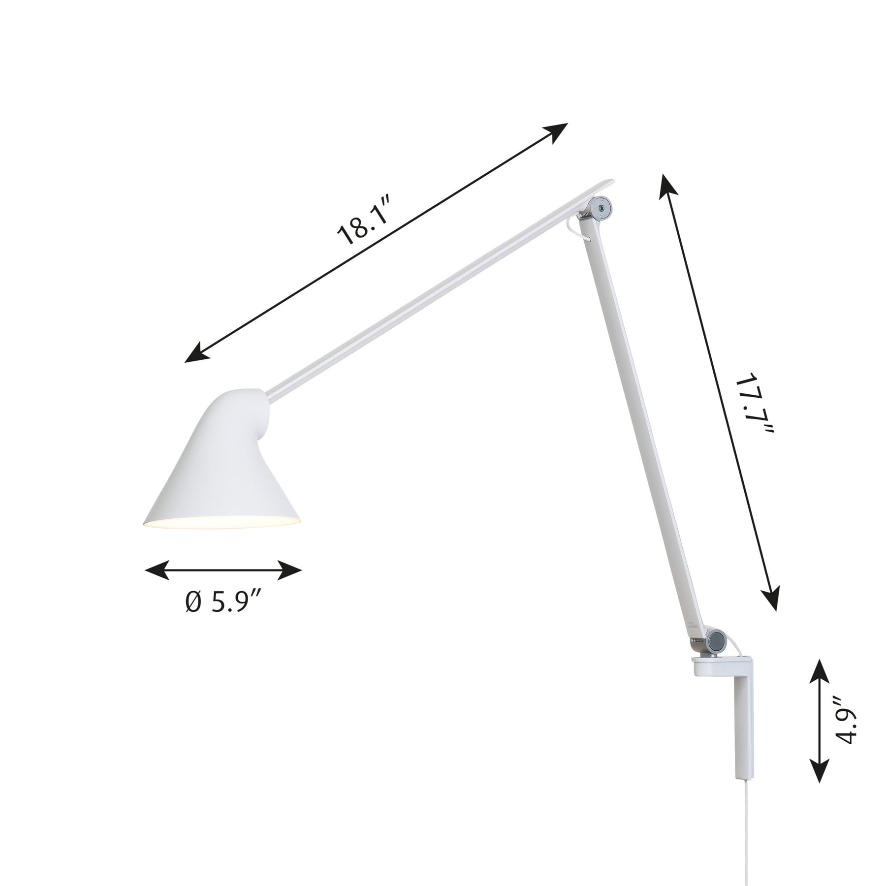 NJP wall lamp with long arm hardwired version dimensions by Louis Poulsen, technical specifications for precise wall installation