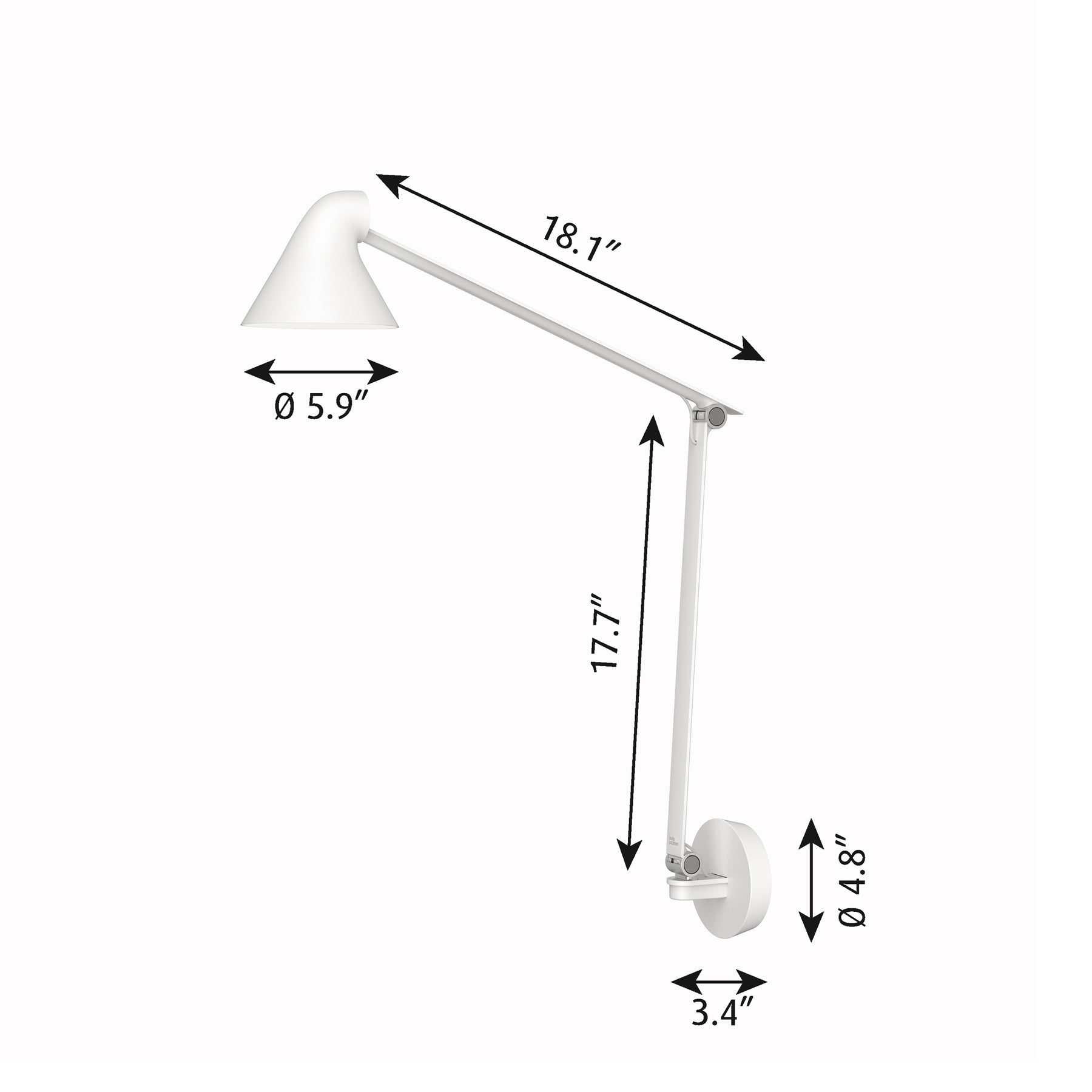 NJP wall lamp with long arm and wall plate dimensions by Louis Poulsen, detailed measurements for mounting and installation planning