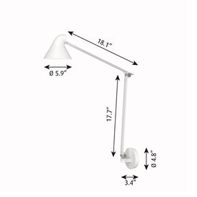 NJP wall lamp with long arm and wall plate dimensions by Louis Poulsen, detailed measurements for mounting and installation planning