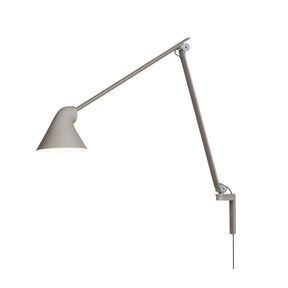 NJP wall lamp with long arm, light aluminum shade, and grey hardwired mount by Louis Poulsen, sleek modern wall light with adjustable arm and refined design