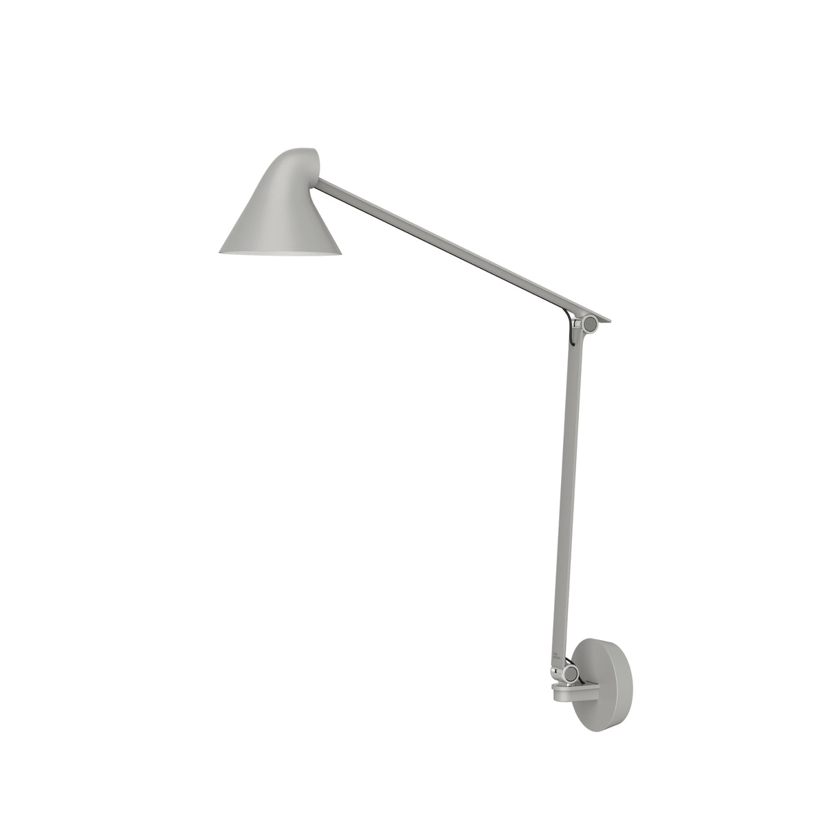 NJP wall lamp with long arm and grey wall plate by Louis Poulsen, modern adjustable wall light with sleek design and functional arm
