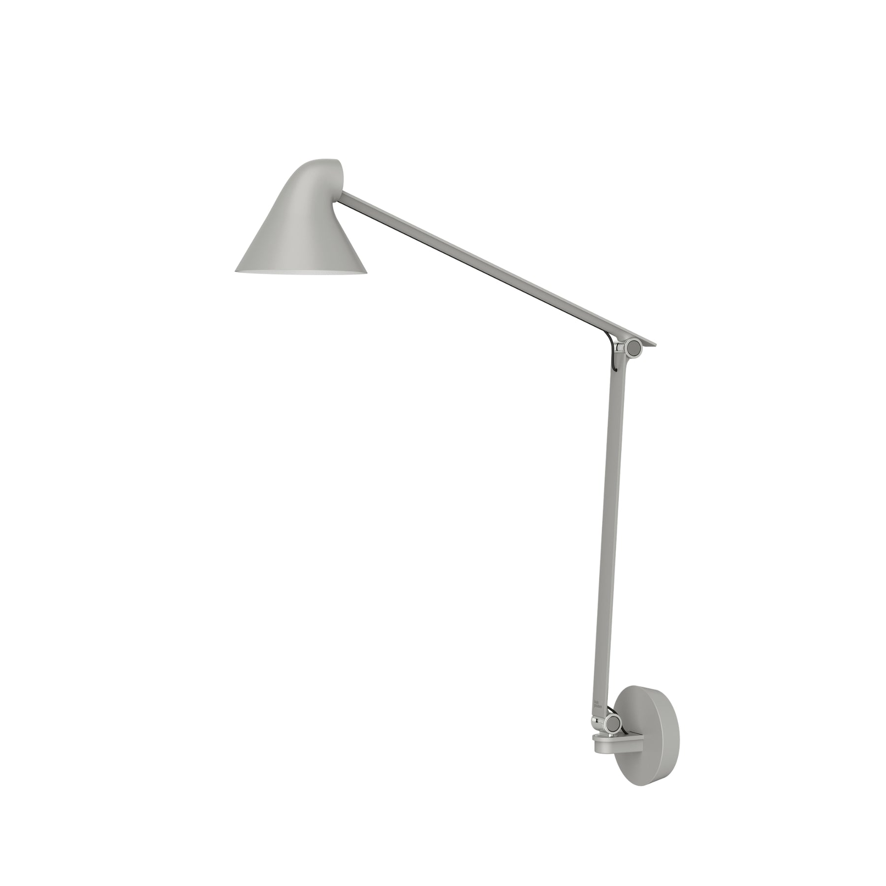 NJP wall lamp with long arm and grey wall plate by Louis Poulsen, modern adjustable wall light with sleek design and functional arm