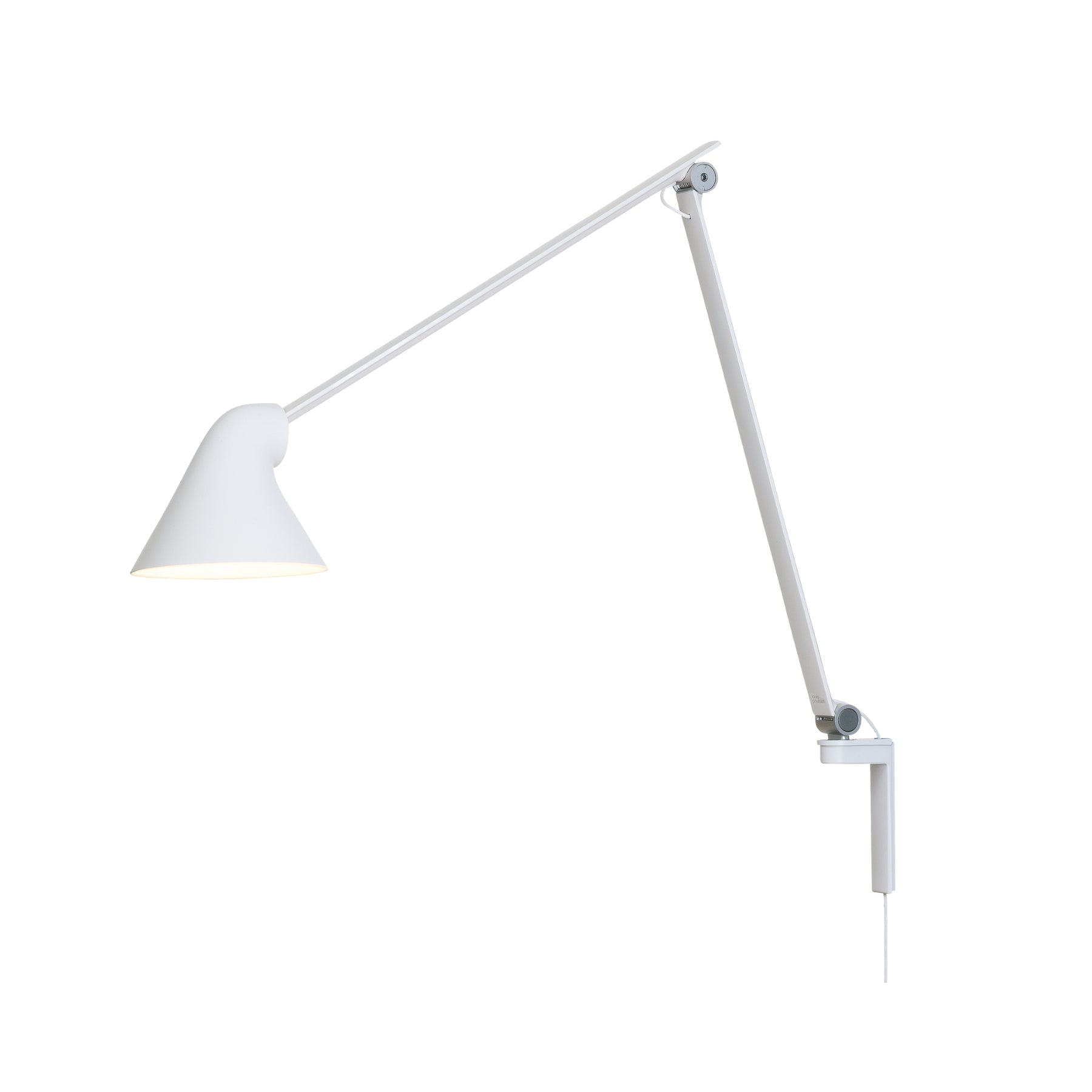 NJP wall lamp with long arm and white hardwired mount by Louis Poulsen, contemporary wall light with adjustable arm and minimalist design