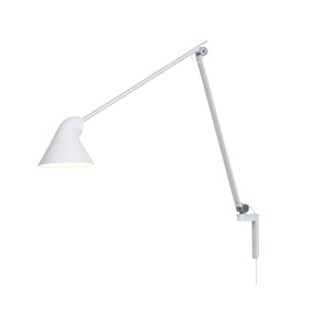 NJP wall lamp with long arm and white hardwired mount by Louis Poulsen, contemporary wall light with adjustable arm and minimalist design