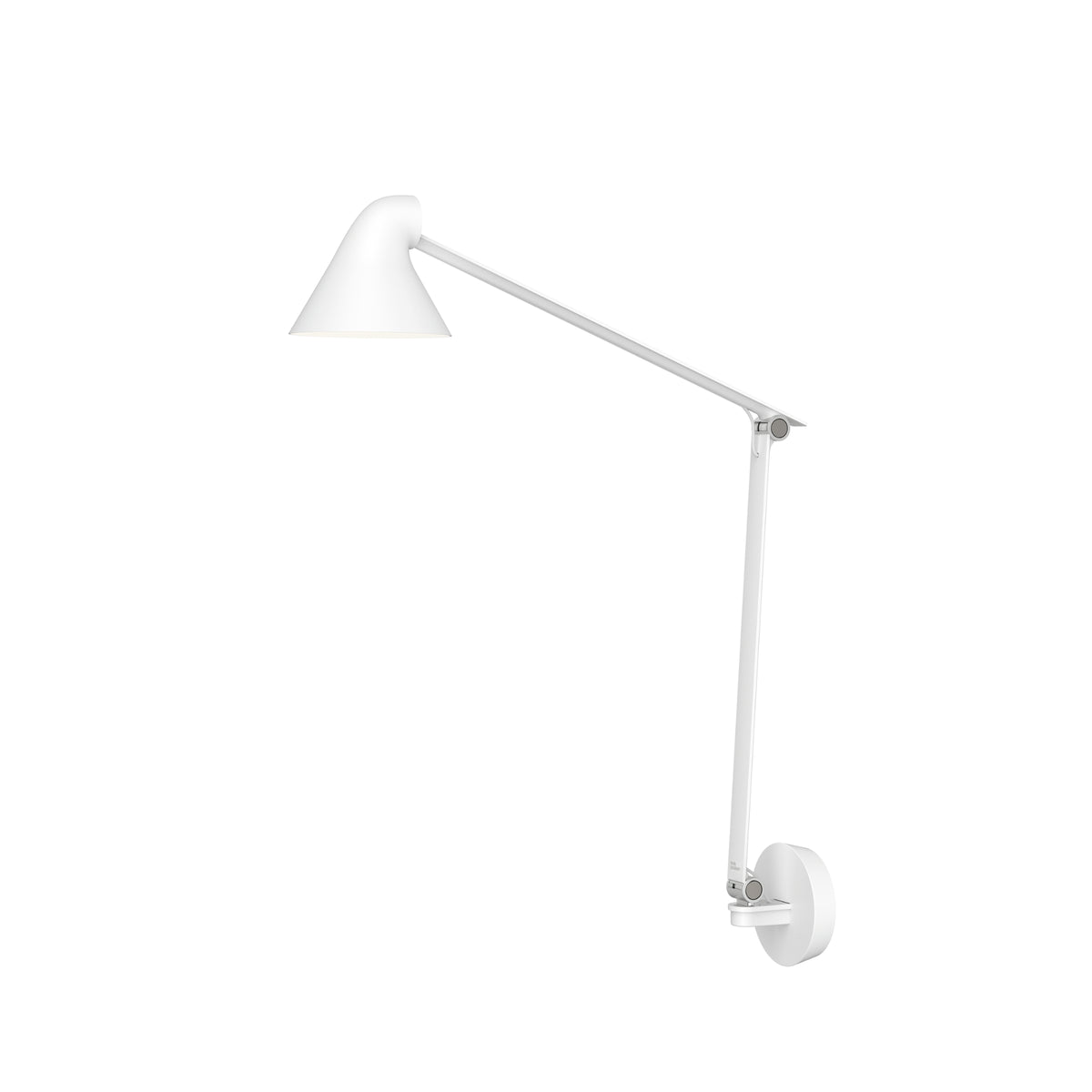 NJP wall lamp with long arm and white wall plate by Louis Poulsen, contemporary wall light with adjustable arm and clean, minimalist design